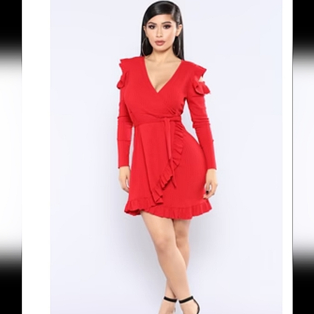 FASHION NOVA Red ruffle knitted dress